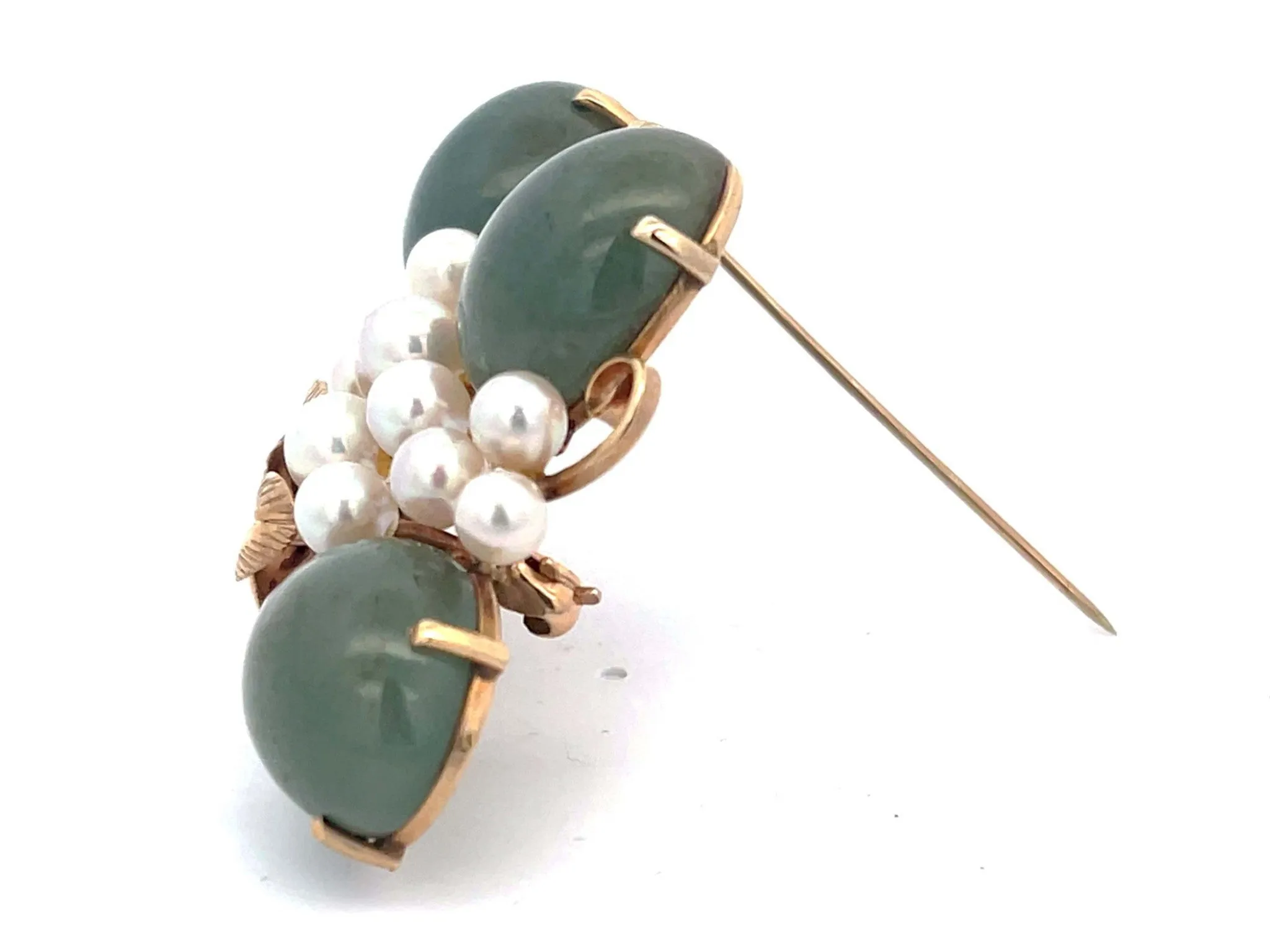 Mings Jade and Pearl Leaf Brooch in 14k Yellow Gold