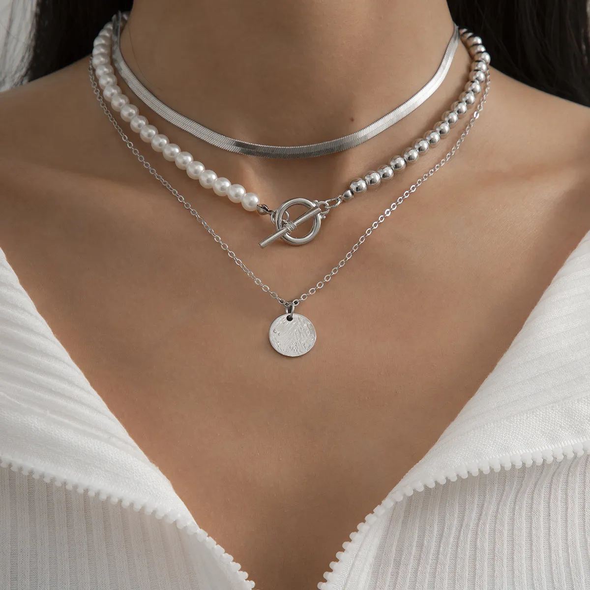 Pearl & Silver-Plated Toggle Necklace Set